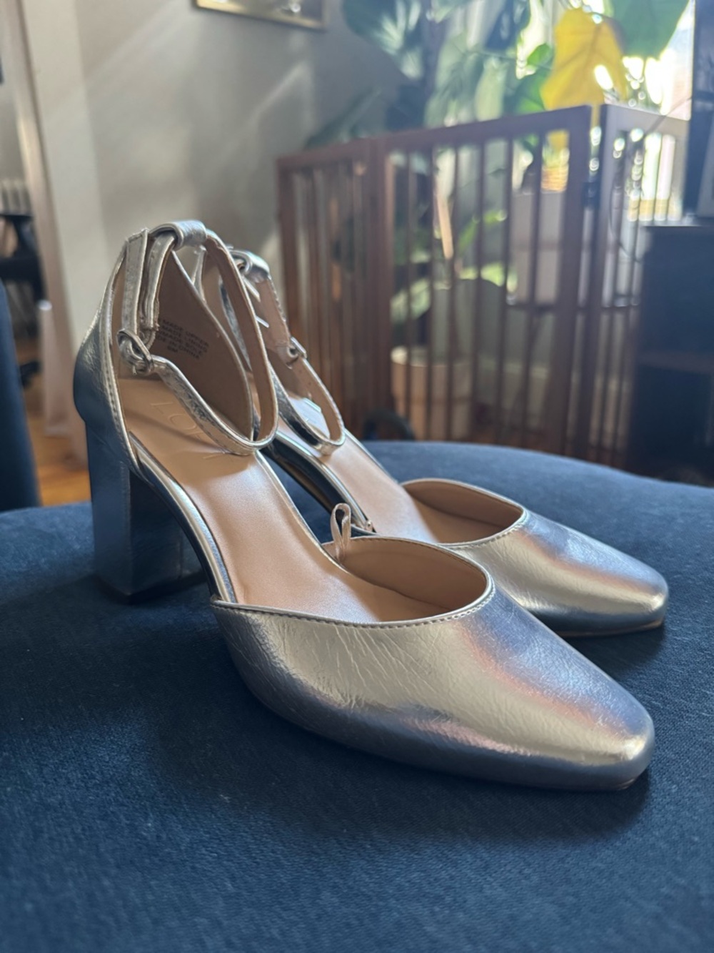 LOFT Silver Metallic Block Heels with Ankle Strap